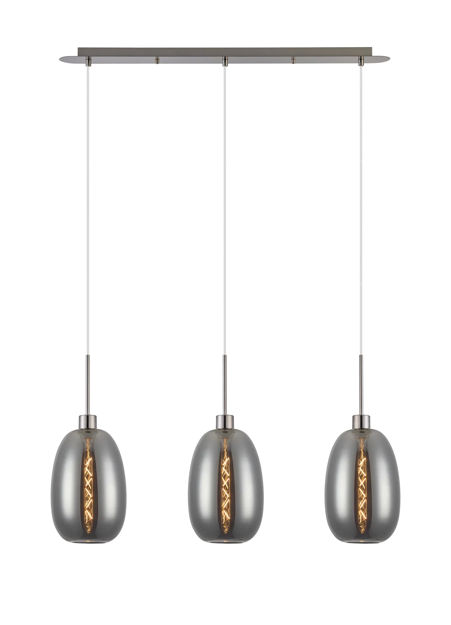 DK1391  Lori Linear Pendant, 3 Light Adjustable E27, Satin Nickel/Smoke Slim Curved Trapezium Shades